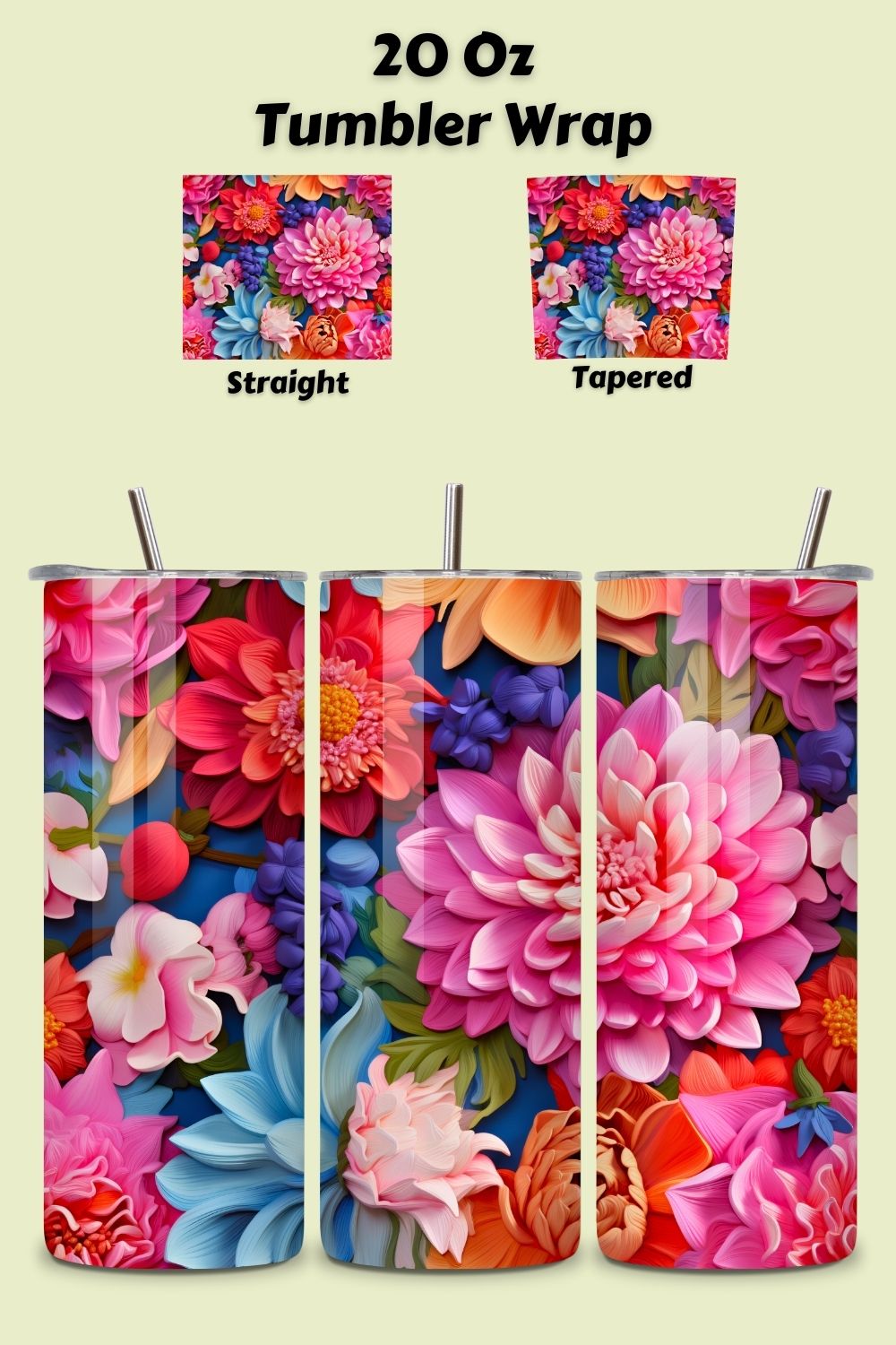 Seamless 3D Floral Tumbler PNG Wrap, 3d flower tumbler, 3d flower wrap, 3d sublimation, 3d tumbler, 3d tumbler bundle, floral tumbler wrap pinterest preview image.