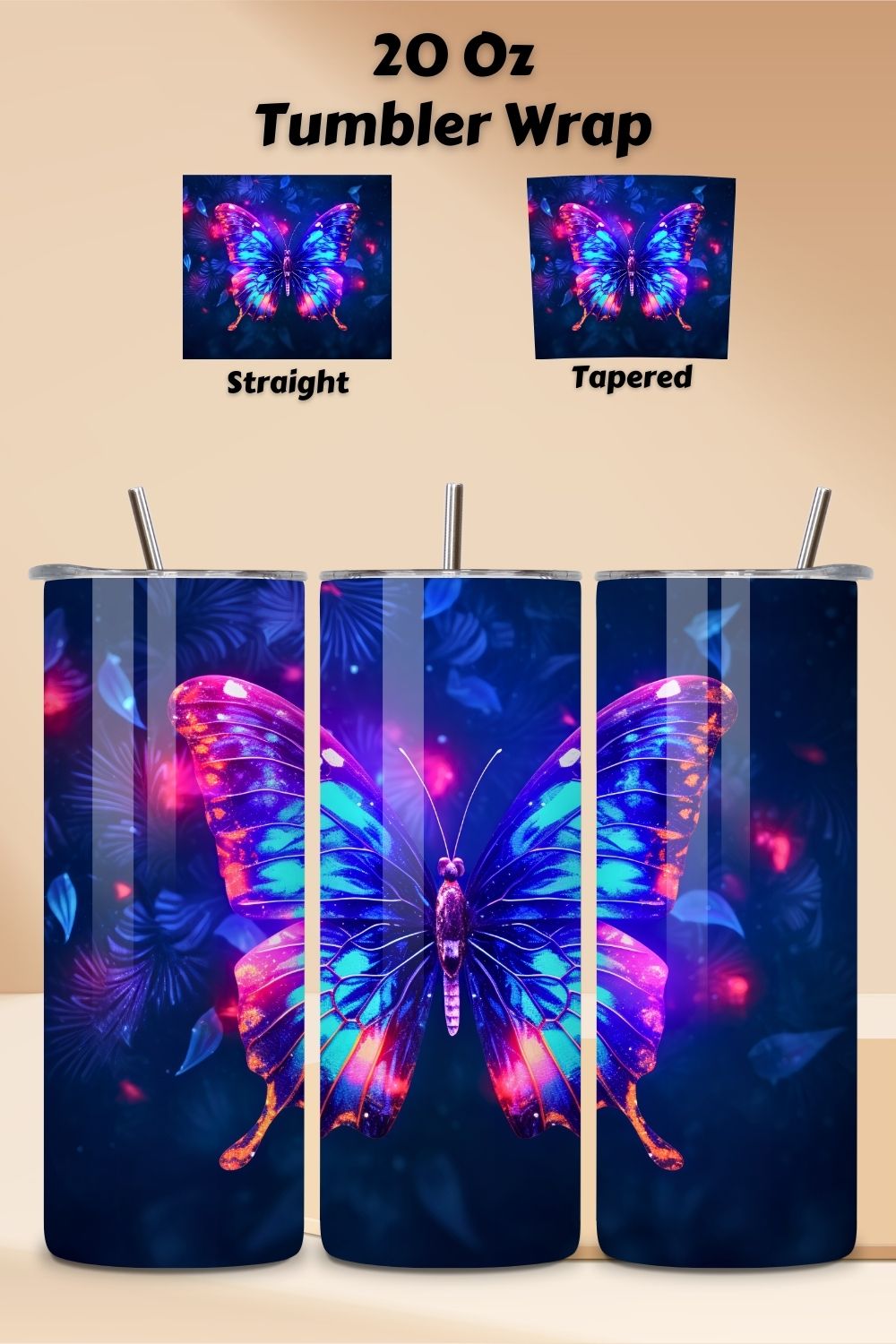 Colorful Butterfly Tumbler Wrap, Sublimation PNG design, bright butterfly, butterfly png, butterfly tumbler pinterest preview image.