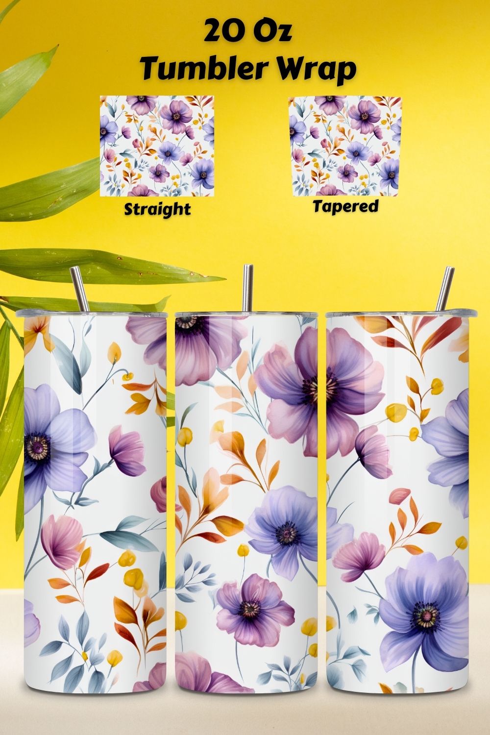 Flowers Tumbler Wrap, Sublimation PNG design, Watercolor, 20 oz skinny, 20 oz tumbler, floral tumbler, flower tumbler pinterest preview image.