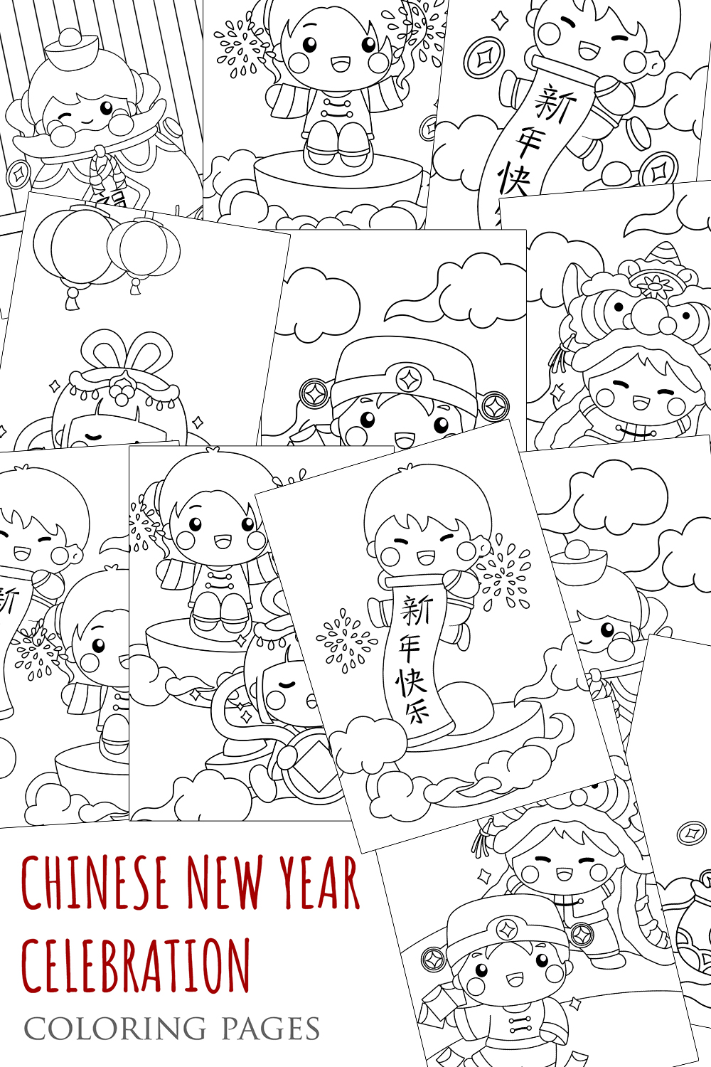Cute Chinese New Year Lunar Celebration Kids Decoration Background Coloring Holiday Activity For Kids and Adult Cartoon Accessories Ornaments pinterest preview image.