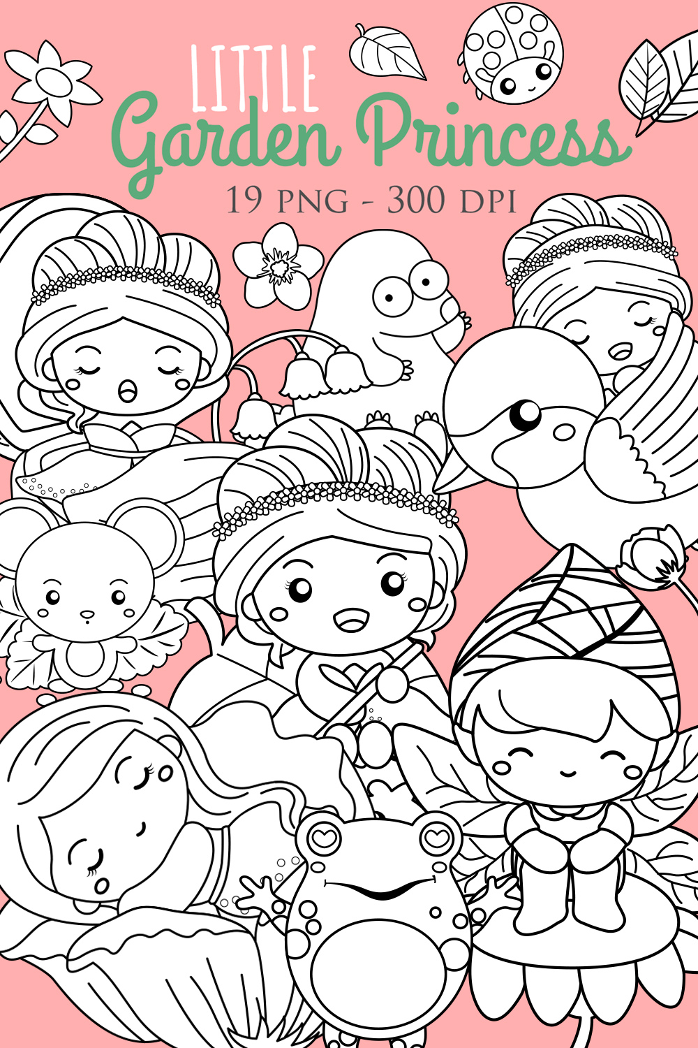 Little Garden Princess Girl Kids and Animal Cartoon Digital Stamp Outline Black and White pinterest preview image.