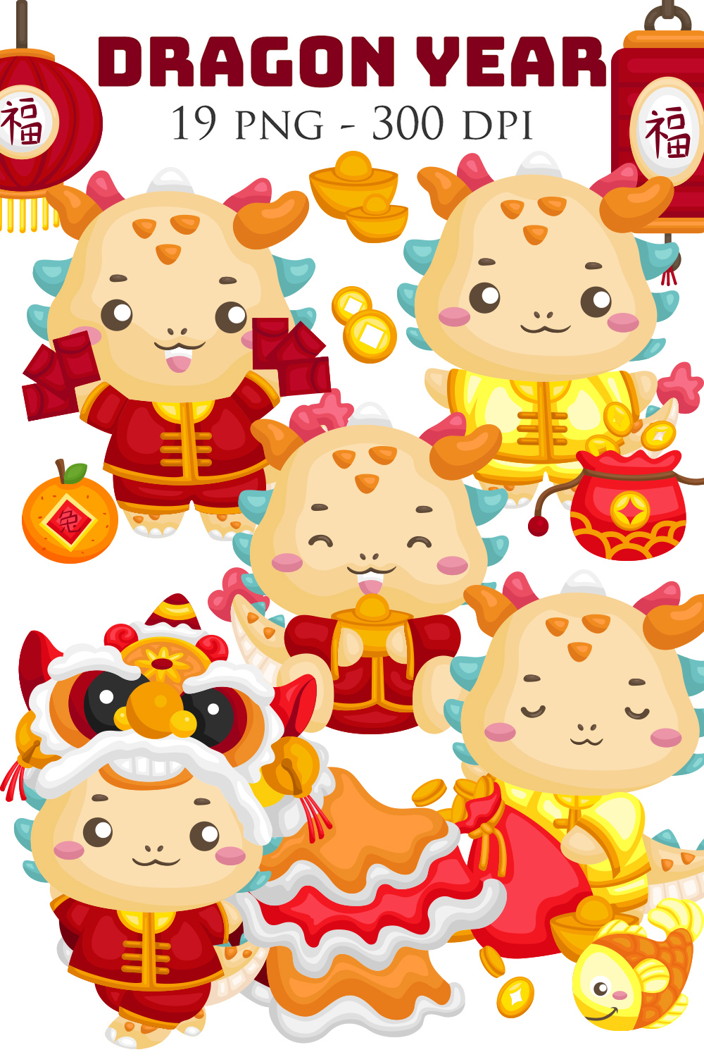 Cute Chinese New Year Lunar Celebration Dragon Year Decoration Background Illustration Vector Clipart Sticker Cartoon Accessories Ornaments pinterest preview image.