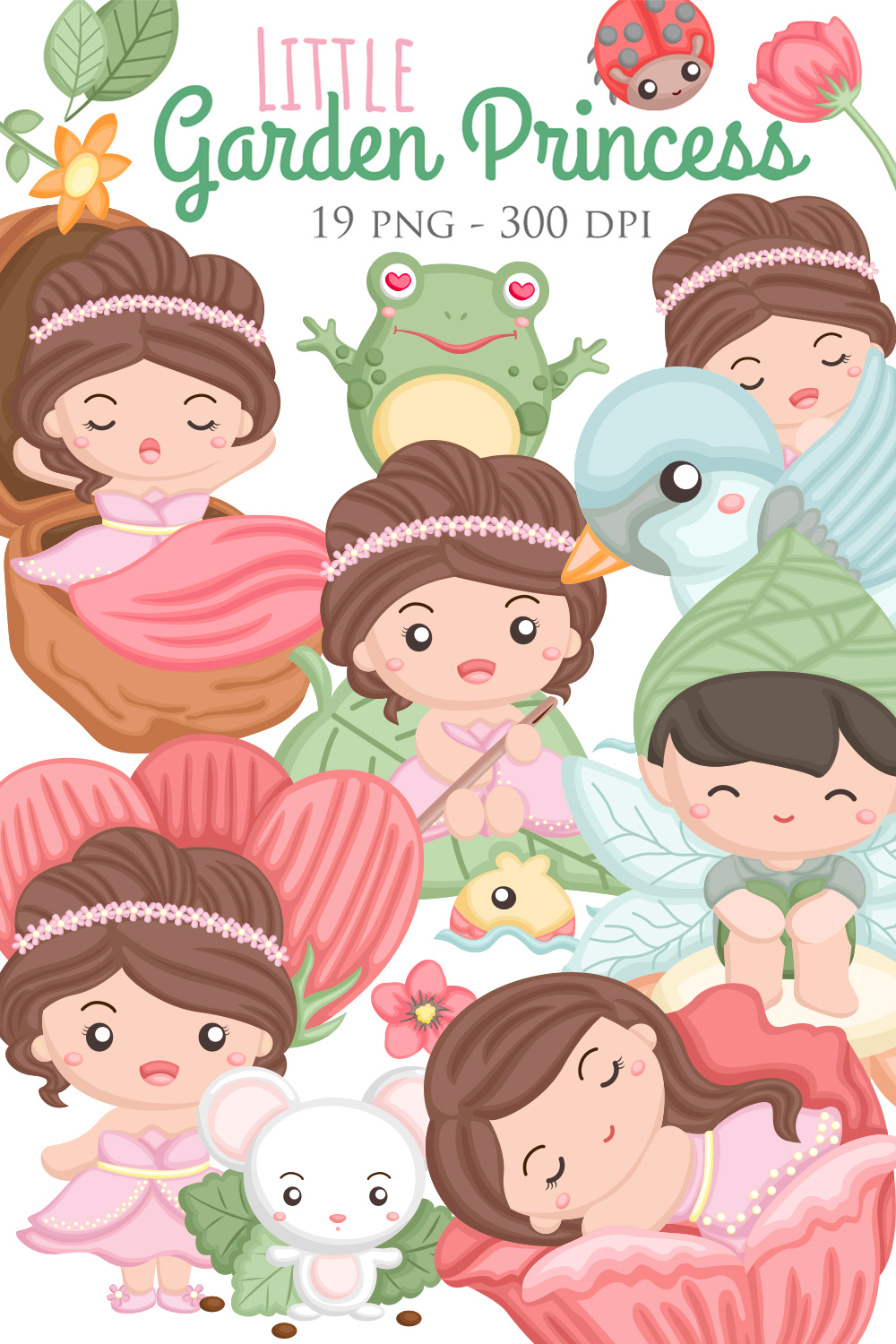 Cute Beautiful Pink Little Garden Princess Girl Kids and Animal Cartoon Illustration Vector Clipart Sticker Background Decoration pinterest preview image.