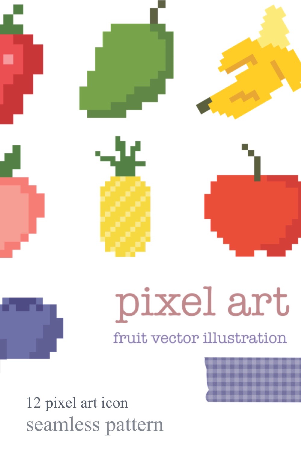12 Fruit Vector Illustration Icon with Pixel Art Style Premium HD pinterest preview image.