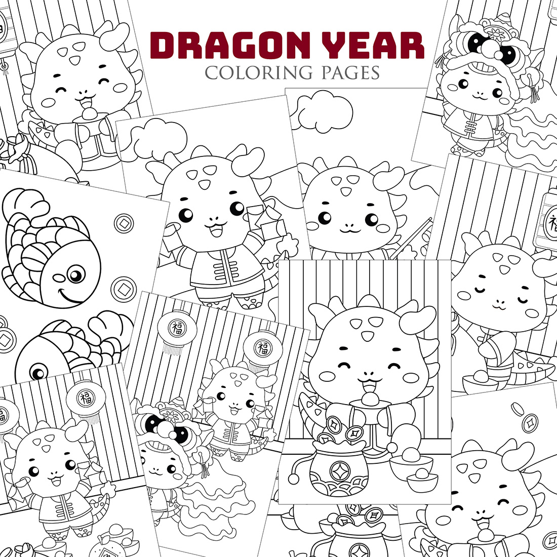 Cute Chinese New Year Lunar Celebration Dragon Year Decoration Background Coloring Holiday Activity for Kids and Adult Cartoon Accessories Ornaments cover image.