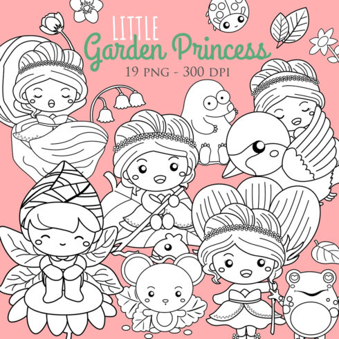 Little Garden Princess Girl Kids and Animal Cartoon Digital Stamp Outline Black and White cover image.