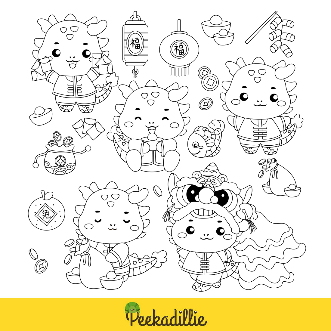 Cute Chinese New Year Lunar Celebration Dragon Year Decoration Background Digital Stamp Outline Cartoon Accessories Ornaments preview image.