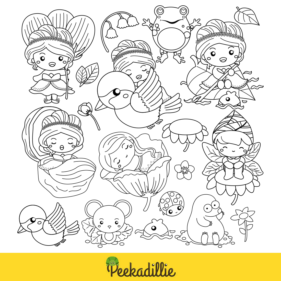 Little Garden Princess Girl Kids and Animal Cartoon Digital Stamp Outline Black and White preview image.