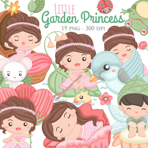 Cute Beautiful Pink Little Garden Princess Girl Kids and Animal Cartoon Illustration Vector Clipart Sticker Background Decoration cover image.