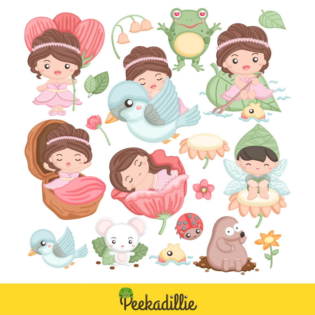 Cute Beautiful Pink Little Garden Princess Girl Kids and Animal Cartoon Illustration Vector Clipart Sticker Background Decoration preview image.