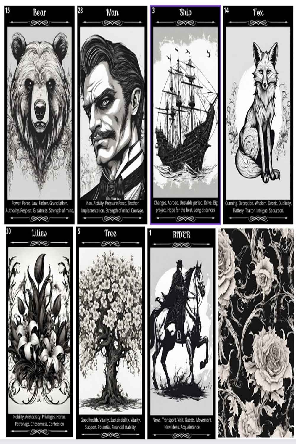 Lenormand deck printable with answers 36 backed cards A unique author's oracle Dark oracle deck Gothic oracle Cards with answers pinterest preview image.
