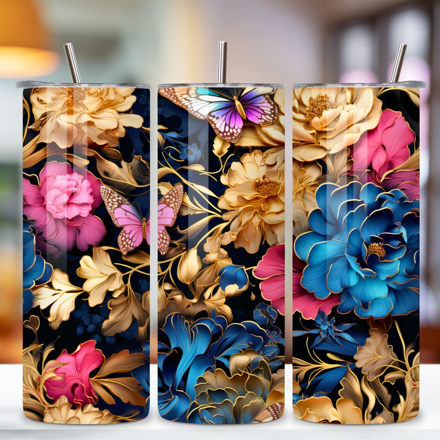 3D Frog Tumbler Wrap with flowers and butterflies PNG