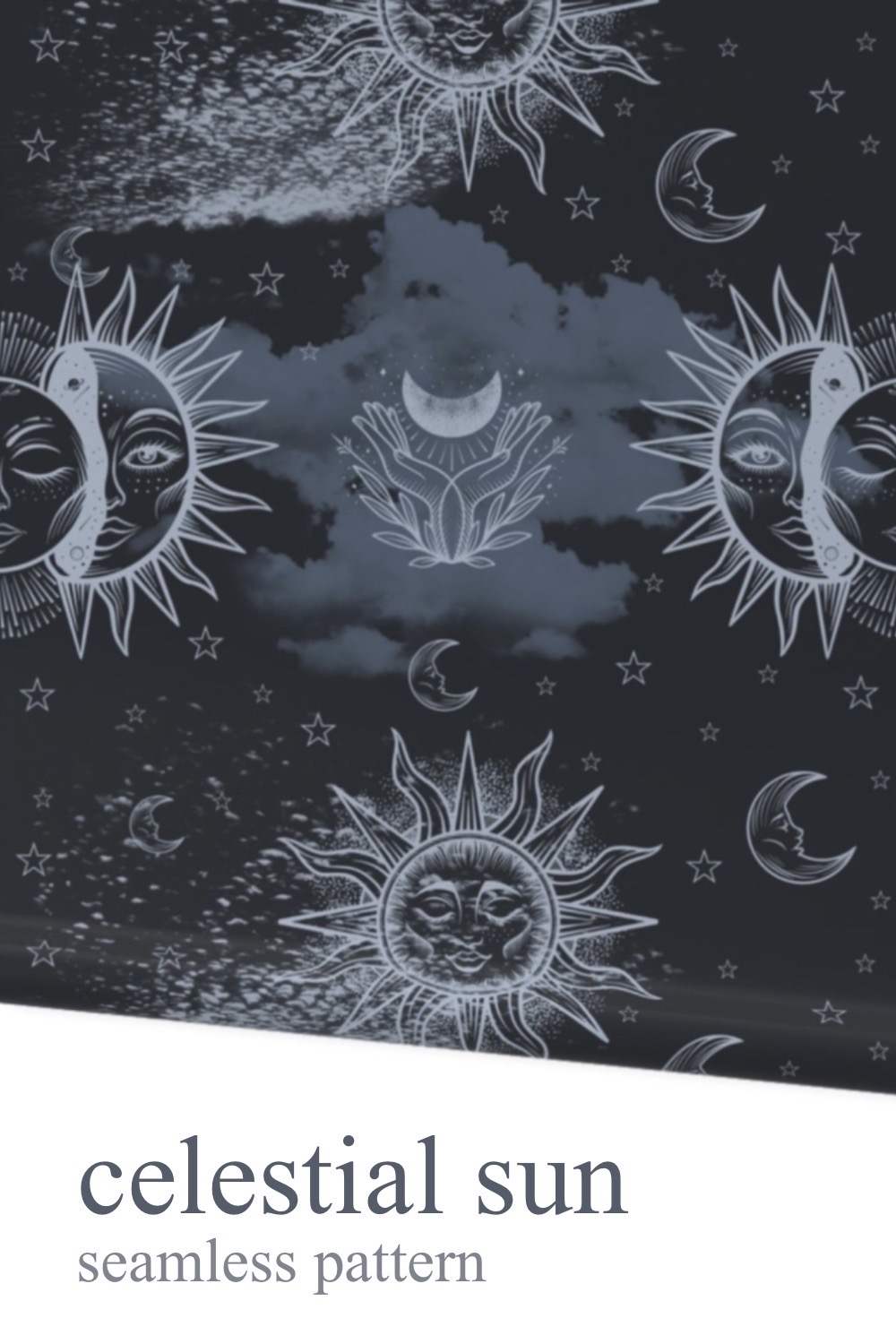 StellarRay Enigma: Celestial Sun Seamless Pattern with Mystical Vibes pinterest preview image.