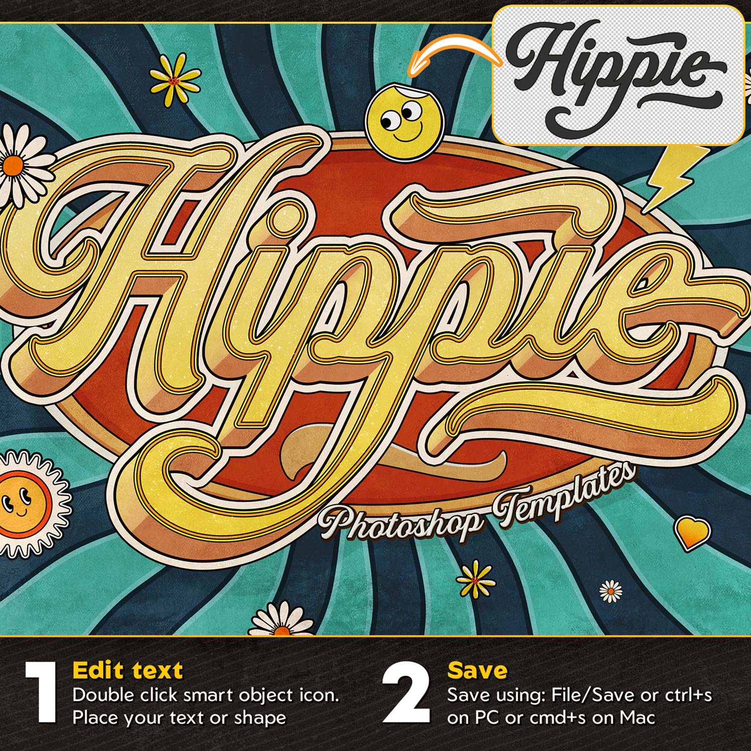 Retro Hippie Text Effects preview image.