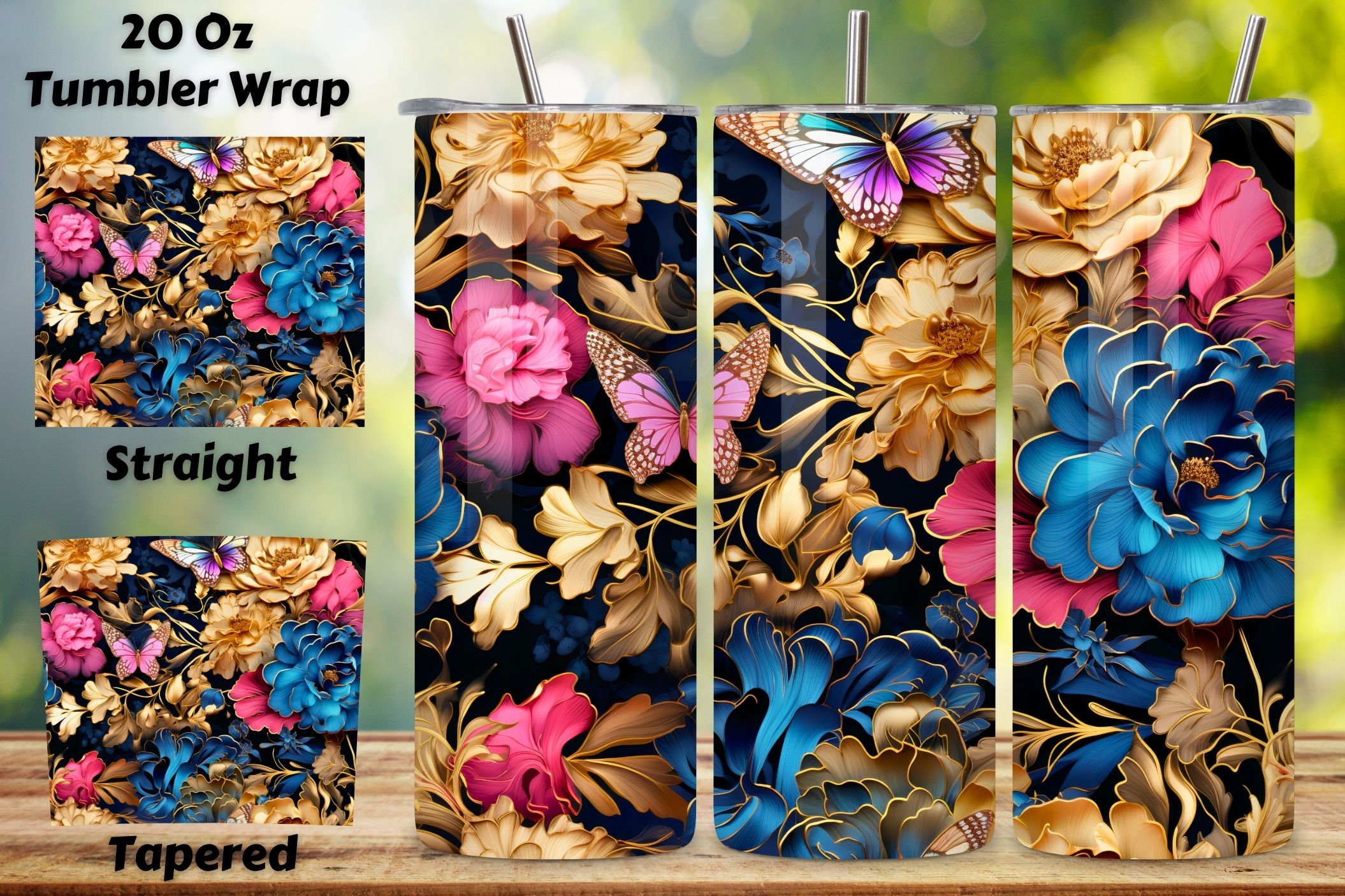 3D Frog Tumbler Wrap with flowers and butterflies PNG