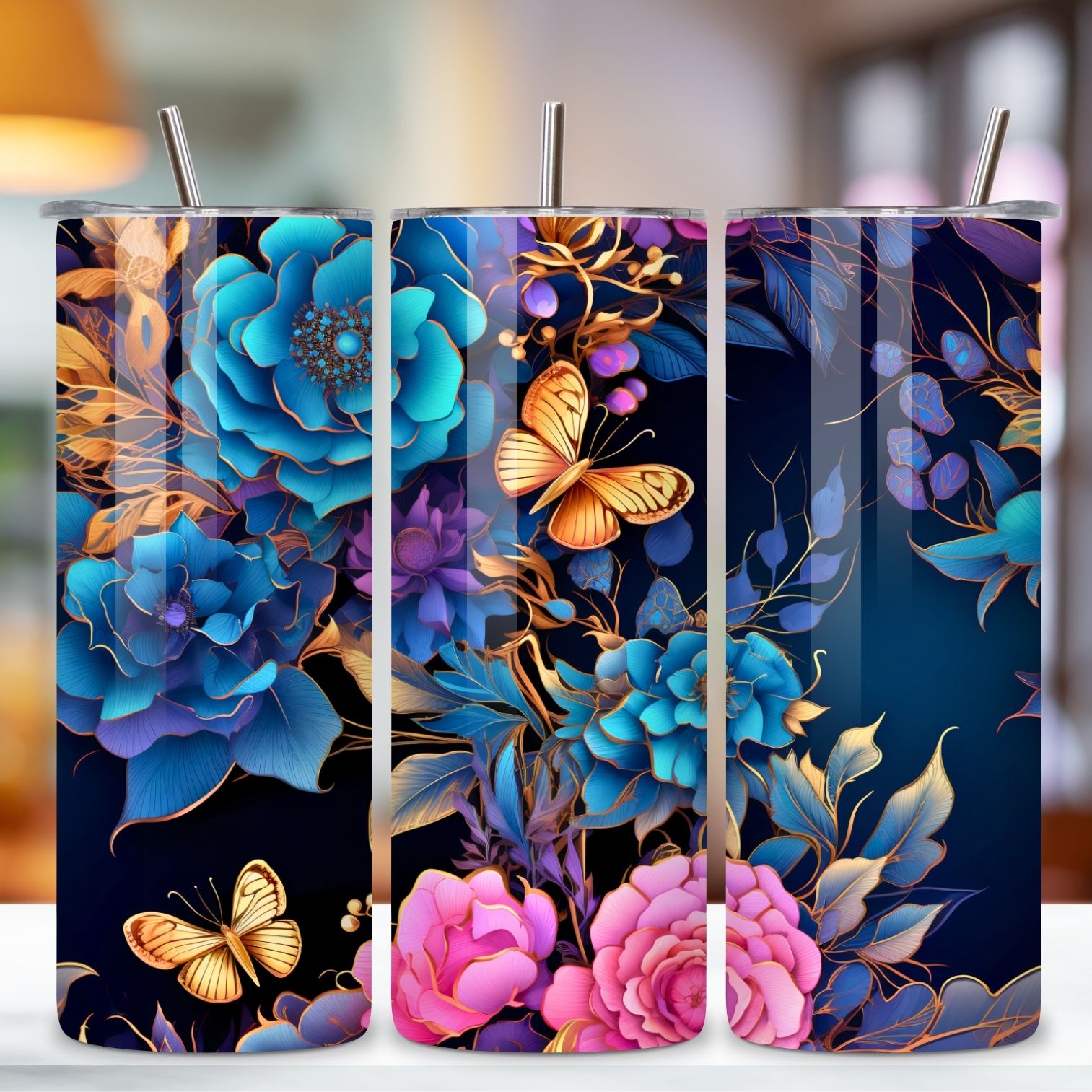 Golden Elegance Tumbler Wrap, alcohol ink butterflies, 3d tumbler wrap, butterfly tumbler, designs popular, elegant tumbler, floral tumbler wrap preview image.