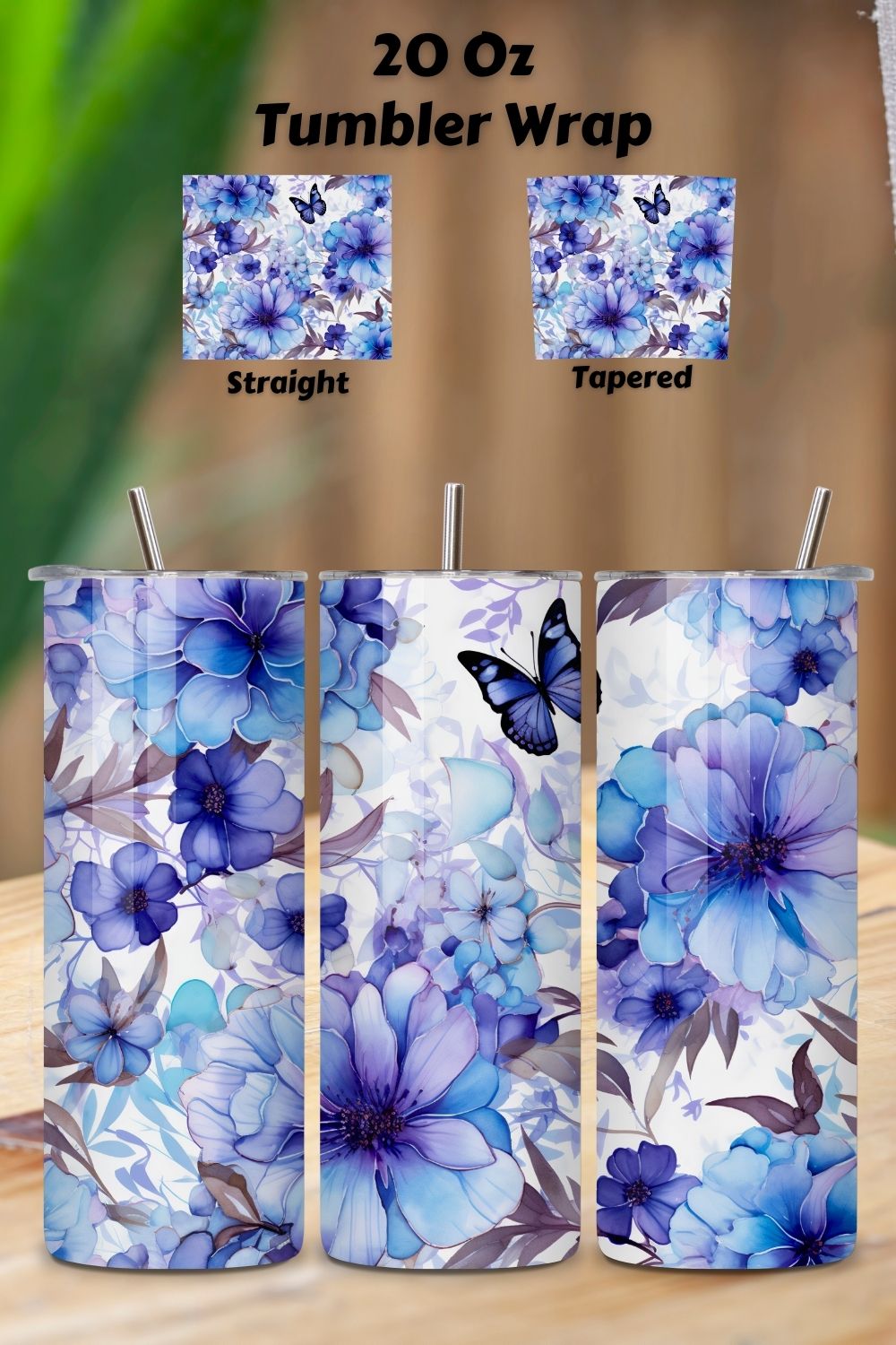 3D Flowers & Blue Butterflies 20 oz Skinny Tumbler Wrap-3D, 3d tumbler design, 3d tumbler png, 3d tumbler wrap, butterfly tumbler pinterest preview image.