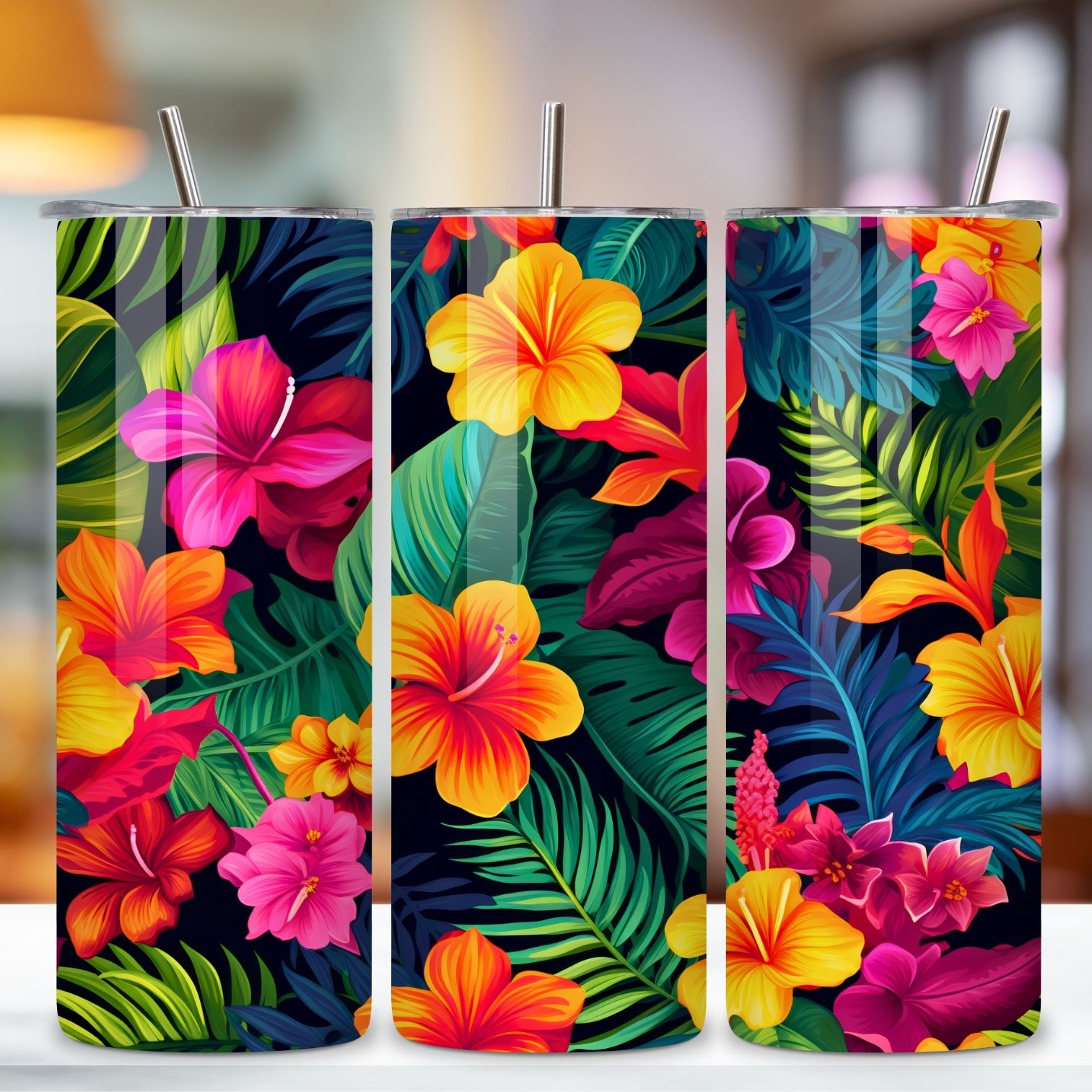 Tropical Paradise Bloom Tumbler wrap, Seamless Wrap PNG, Tropical Floral Tumbler Wrap, Colorful Botanical Design, Seamless 20oz Skinny PNG Sublimation, Exotic Leaves and Flowers preview image.