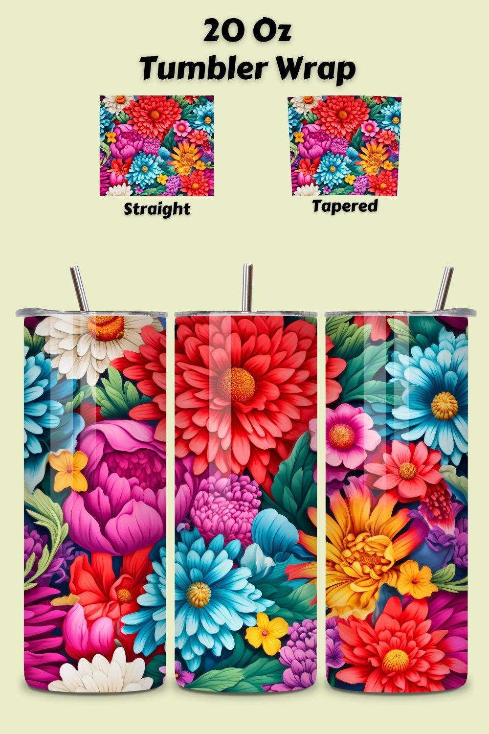 3d Floral tumbler, 20oz Skinny Tumbler Sublimation Designs Tumbler PNG File Digital Download, Colorful Flowers pinterest preview image.