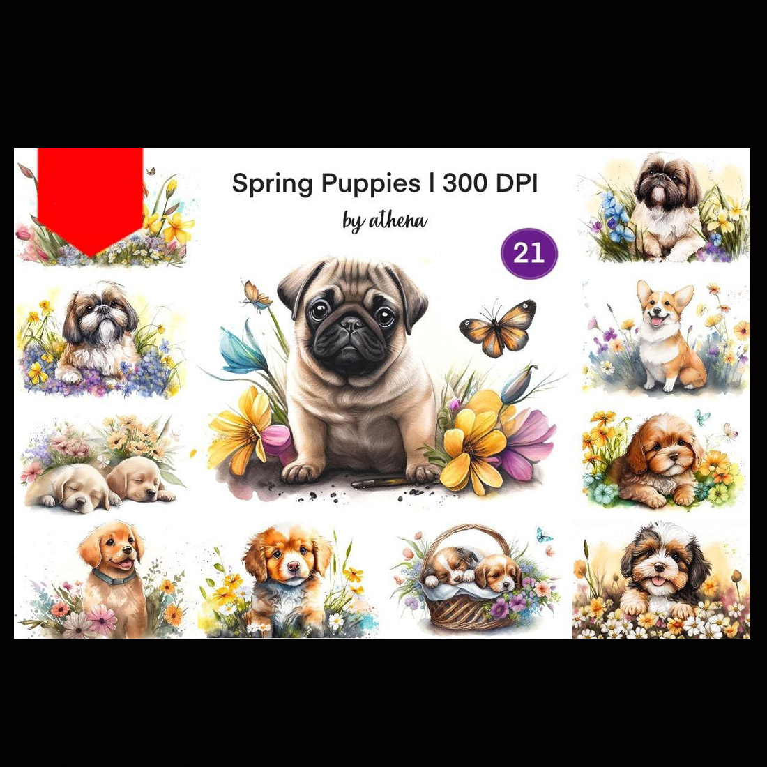 Spring Watercolor Dogs Bundle preview image.