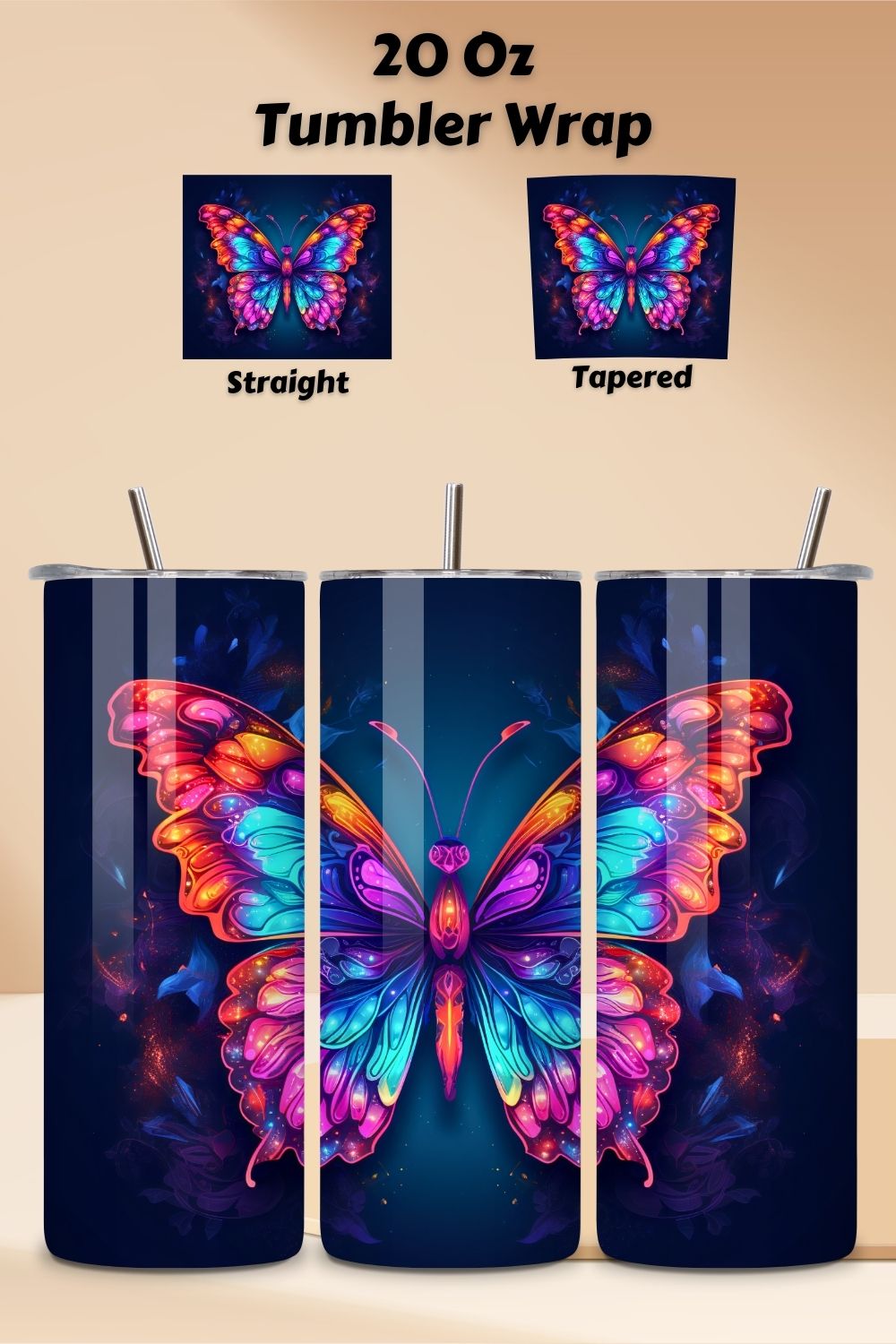 Luminous Butterfly Tumbler Wrap, Sublimation PNG design, neon butterfly, pink butterfly, purple butterfly, watercolor butterfly pinterest preview image.