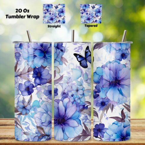 3D Flowers & Blue Butterflies 20 oz Skinny Tumbler Wrap-3D, 3d tumbler design, 3d tumbler png, 3d tumbler wrap, butterfly tumbler cover image.
