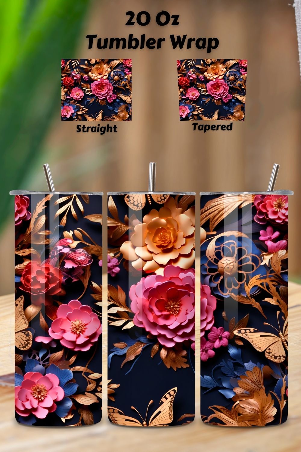 3D floral arrangement Tumbler Wrap, Seamless Tumbler Wrap, 3d butterfly tumbler, 3d tumbler design, 3d tumbler png, 3d tumbler wrap pinterest preview image.