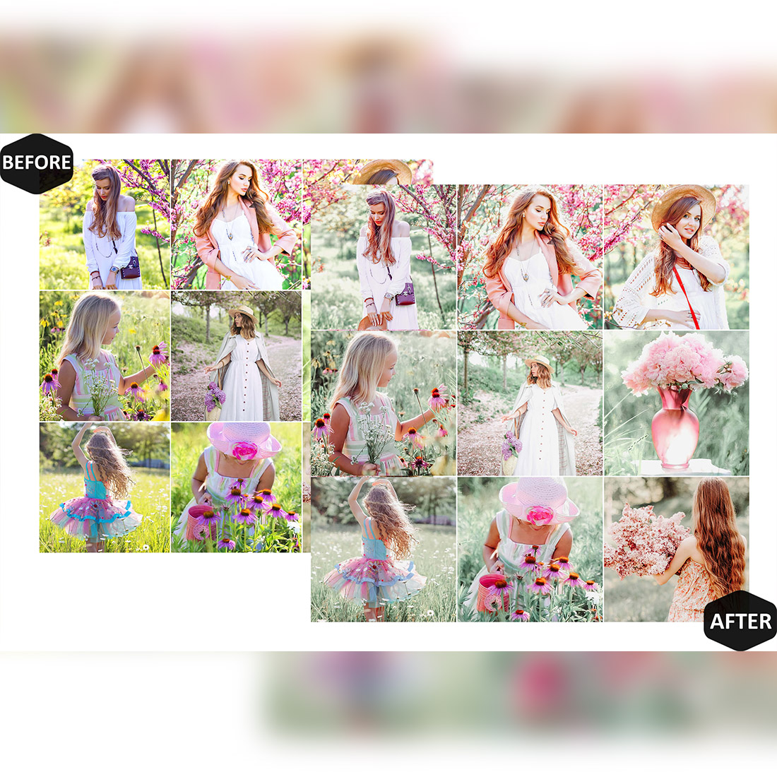 13 Spring Blossoms Lightroom Presets, Pastel Pink Mobile Preset, Natural Bright Desktop Lifestyle Portrait Theme For Instagram LR Filter DNG preview image.
