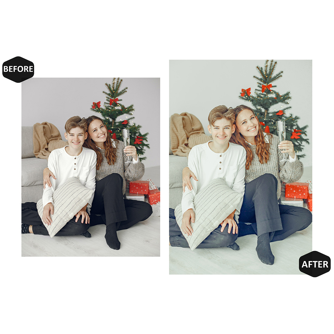 12 Delights December Lightroom Presets, Christmas Mobile Preset, White Xmas Desktop LR Filter Scheme Lifestyle Theme For Portrait, Instagram preview image.