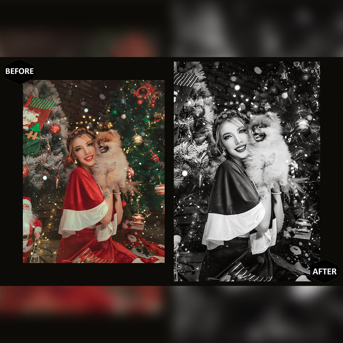 10 Xmas B&W Lightroom Presets, Black & White Christmas Mobile Preset, Winter Desktop, Lifestyle Portrait Theme For Instagram LR Filter DNG preview image.