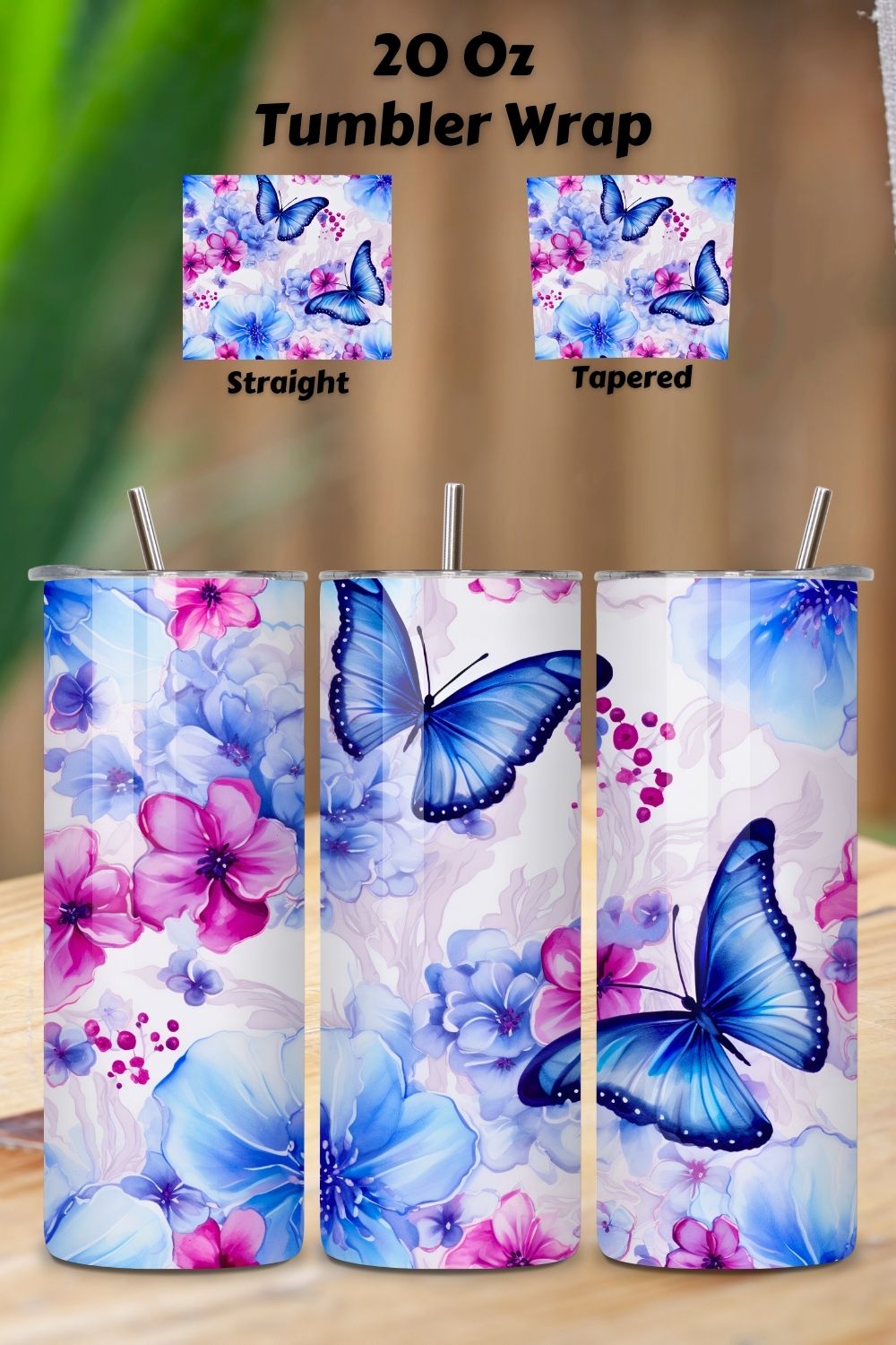 floral blossoms Tumbler Wrap, alcohol ink butterflies, floral tumbler wrap, gift idea, png downloads, sublimation blank pinterest preview image.