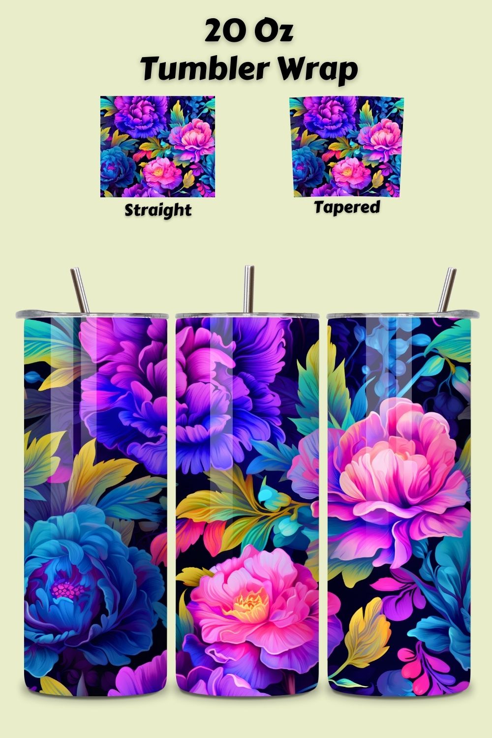 Luminous Garden Tumbler Wrap, Seamless Neon PNG, Floral, 3D Neon Botanical 20 oz Skinny Tumbler Sublimation Designs, Straight And Tapered Tumbler Wrap, Tumbler PNG, Floral Tumbler pinterest preview image.