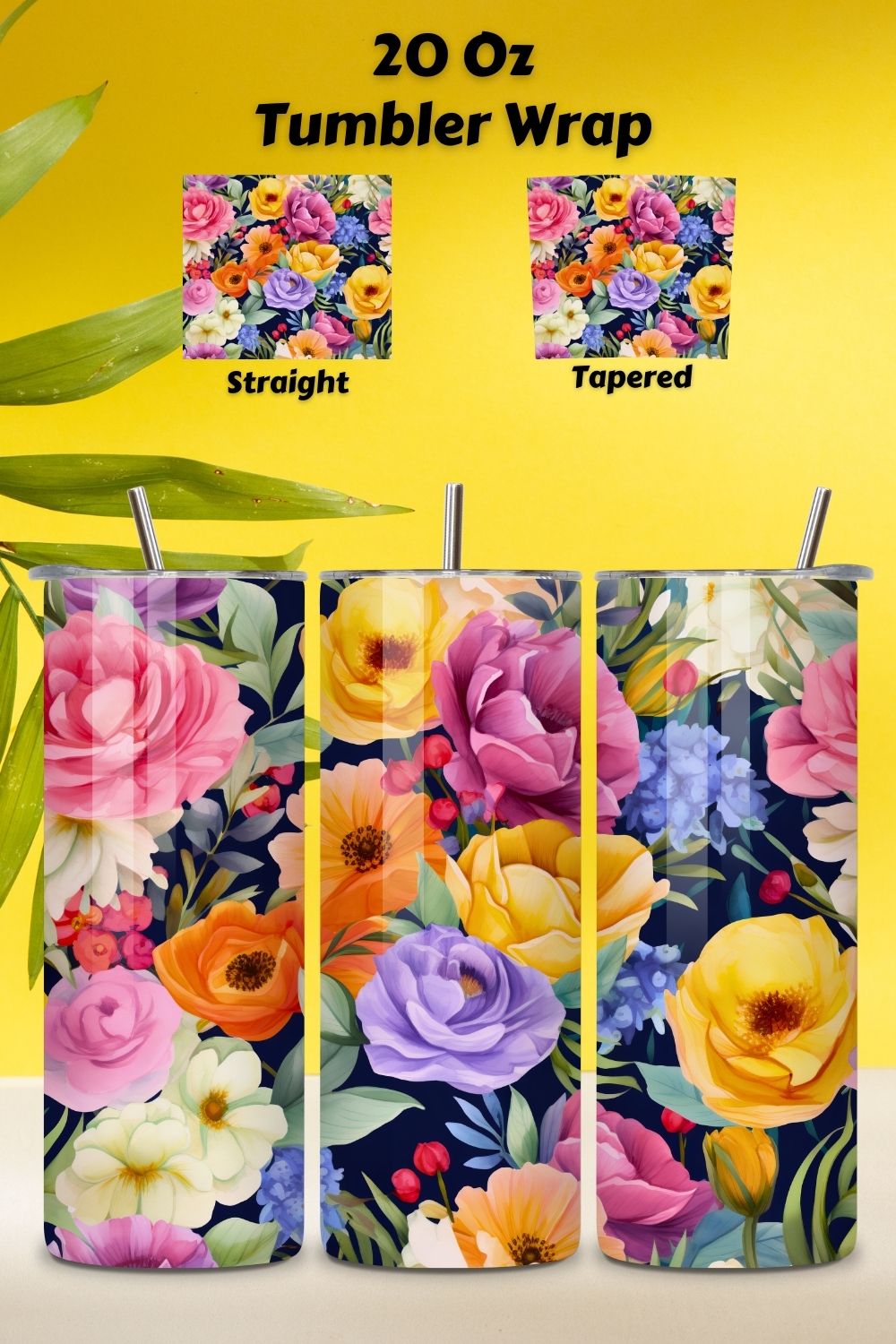 Floral Watercolor Tumbler Wrap, 20 oz Skinny Sublimation PNG, seamless design, skinny tumbler, sublimation tumbler, tumbler design pinterest preview image.