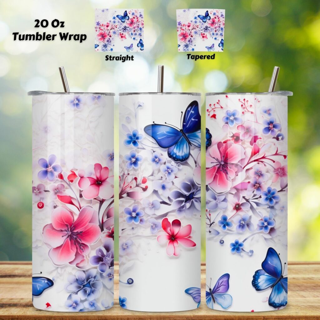 Flowers & Blue Butterflies 20 oz Skinny Tumbler Wrap, 3d tumbler design ...