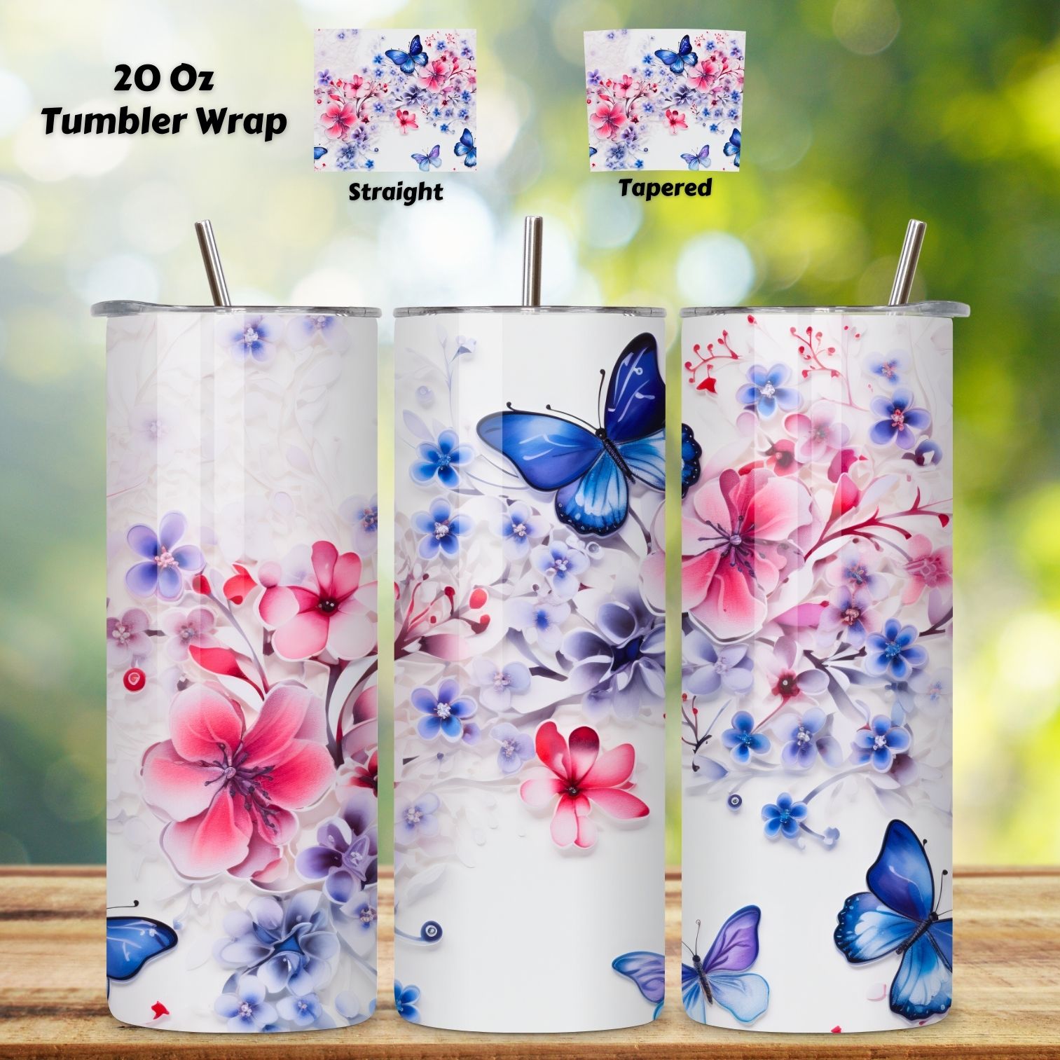 Flowers & Blue Butterflies 20 oz Skinny Tumbler Wrap, 3d tumbler design, 3d tumbler png, 3d tumbler wrap, butterfly tumbler cover image.