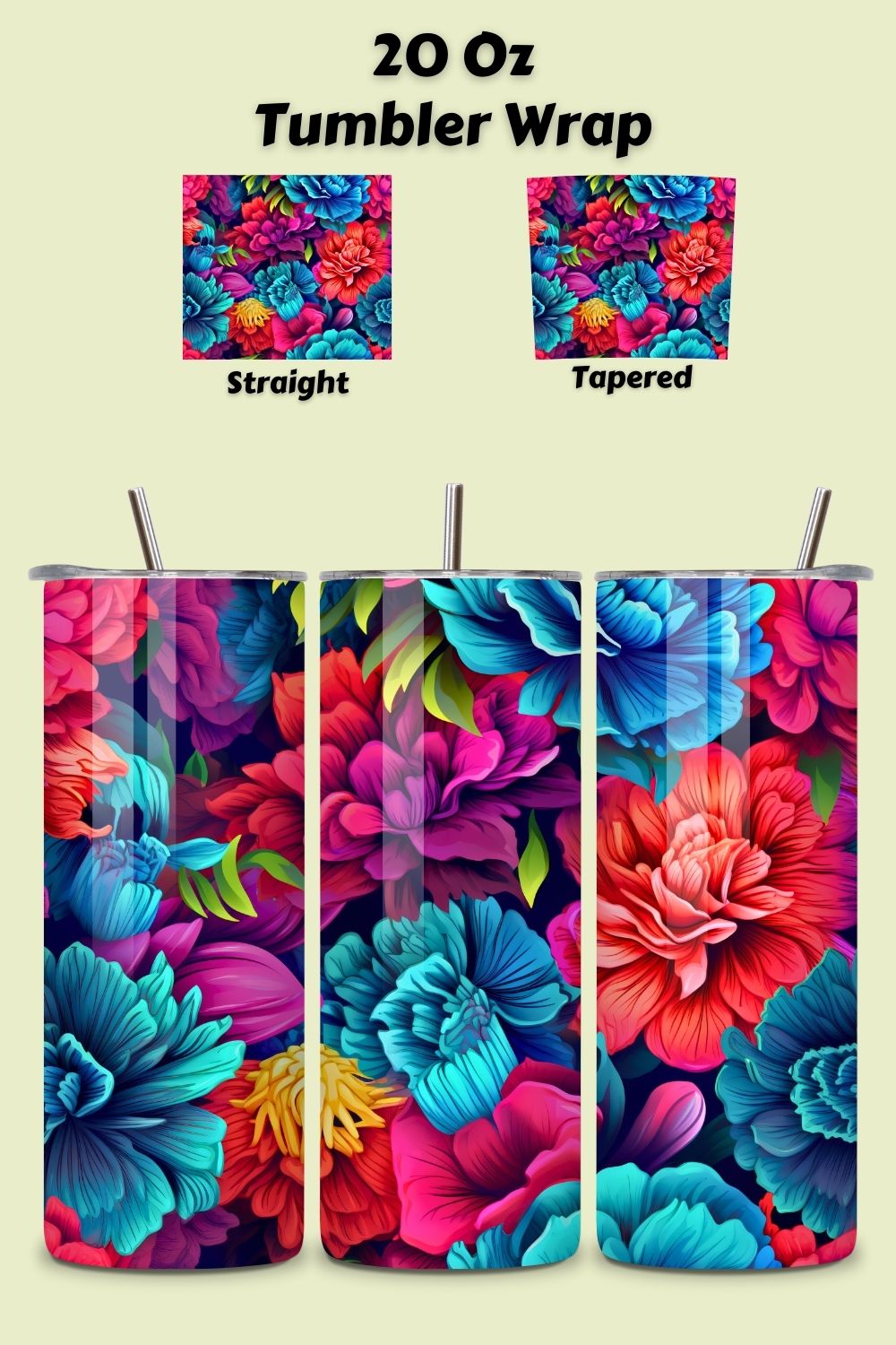 Seamless Neon Garden Tumbler Wrap, Floral Fantasy, 3D Neon Botanical 20 oz Skinny Tumbler Sublimation Designs, Straight And Tapered Tumbler Wrap, Tumbler PNG, Floral Tumbler pinterest preview image.