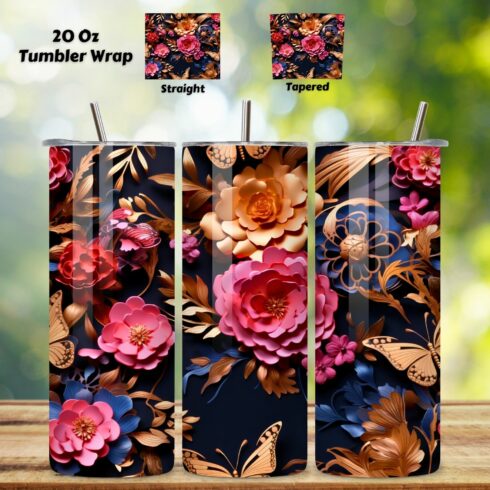 3D floral arrangement Tumbler Wrap, Seamless Tumbler Wrap, 3d butterfly tumbler, 3d tumbler design, 3d tumbler png, 3d tumbler wrap cover image.