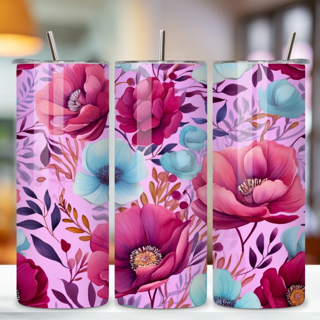 Floral 20 oz Skinny Tumbler Wrap, Sublimation PNG Watercolor ...
