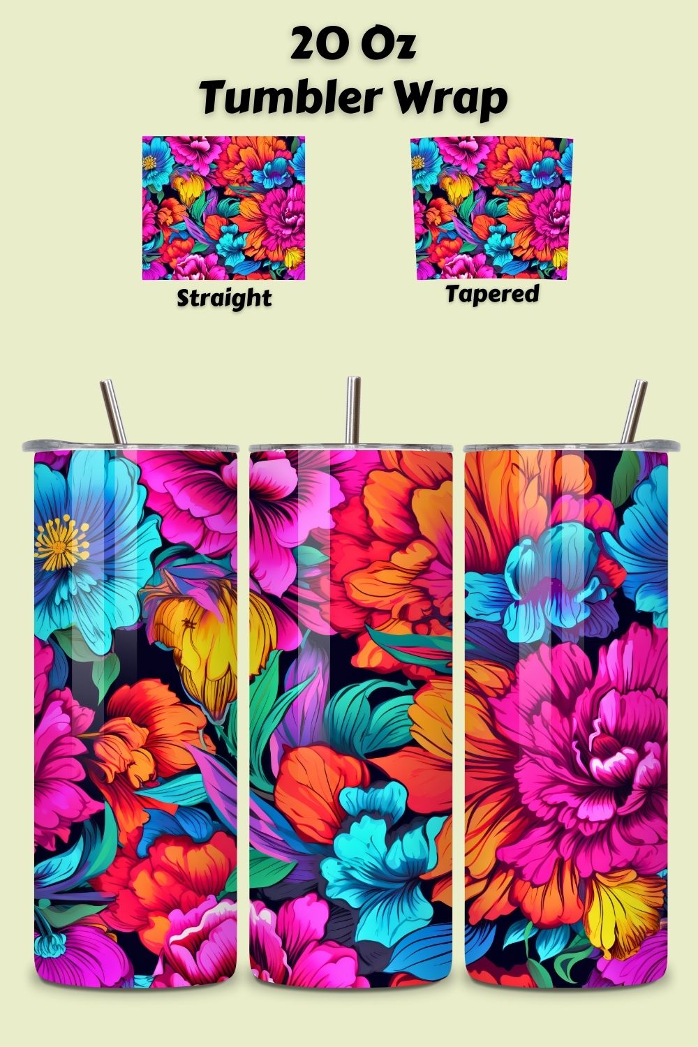 3D Luminous Flower Tumbler wrap, Seamless PNG Wrap, 3D Neon Botanical 20 oz Skinny Tumbler Sublimation Designs, Straight And Tapered Tumbler Wrap, Tumbler PNG, Floral Tumbler pinterest preview image.