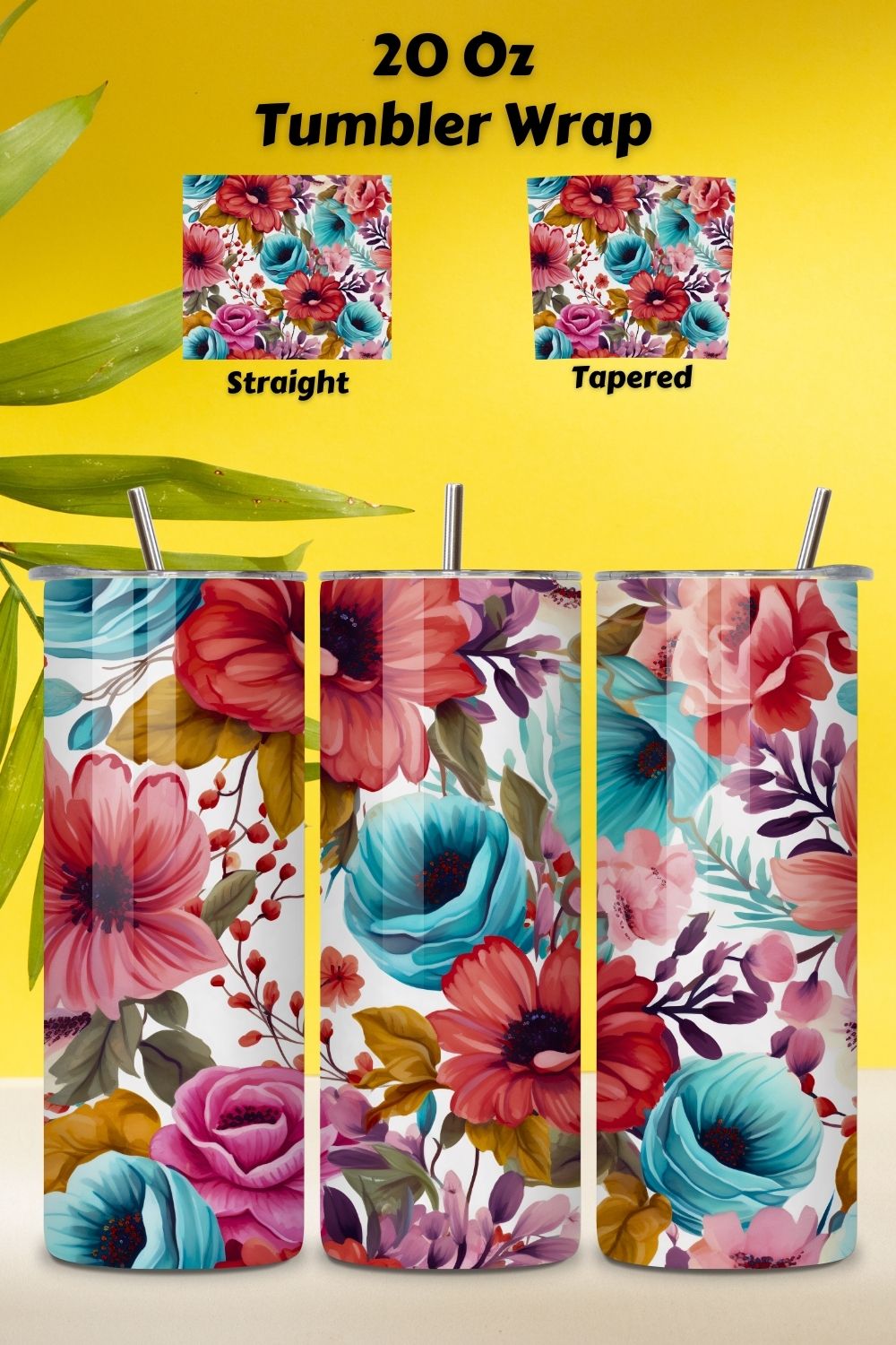 Tumbler Wrap, Watercolor Floral Design, 20 oz Skinny PNG, 20 oz skinny, 20 oz tumbler, floral tumbler, flower tumbler pinterest preview image.