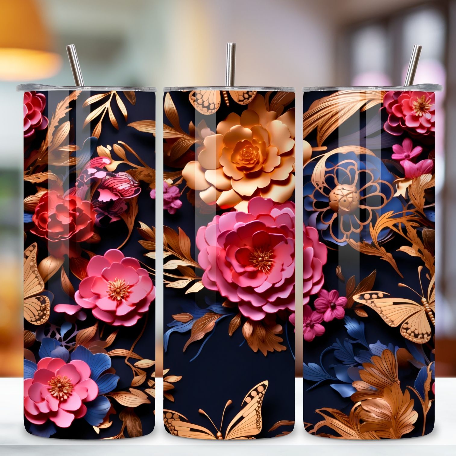3D floral arrangement Tumbler Wrap, Seamless Tumbler Wrap, 3d butterfly tumbler, 3d tumbler design, 3d tumbler png, 3d tumbler wrap preview image.