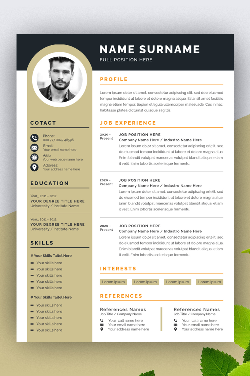 Professional Resume Layout with Photo Placeholder pinterest preview image.