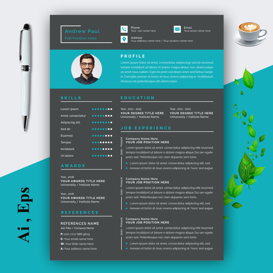 Professional Black Resume Template Design preview image.