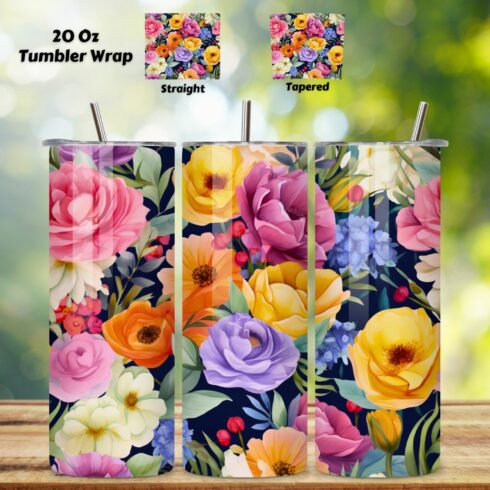 Floral Watercolor Tumbler Wrap, 20 oz Skinny Sublimation PNG, seamless design, skinny tumbler, sublimation tumbler, tumbler design cover image.