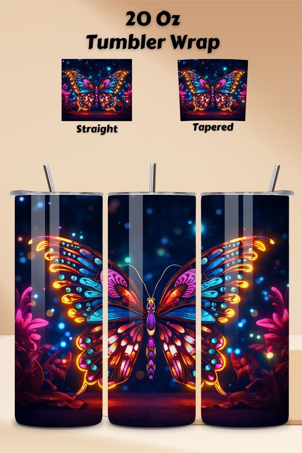Bright Butterfly Tumbler Wrap, Sublimation PNG design, delight butterfly, floral butterfly, holographic tumbler pinterest preview image.