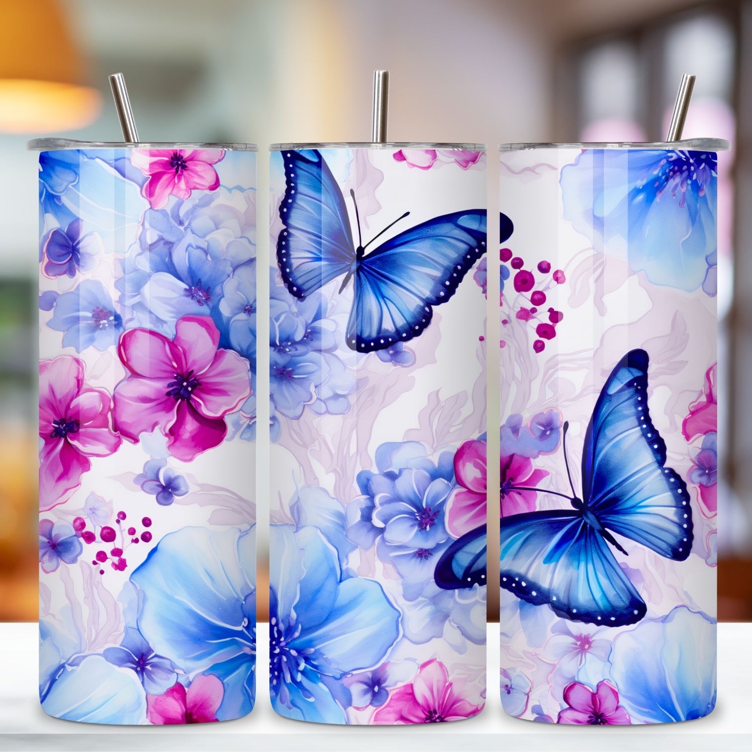 floral blossoms Tumbler Wrap, alcohol ink butterflies, floral tumbler wrap, gift idea, png downloads, sublimation blank preview image.