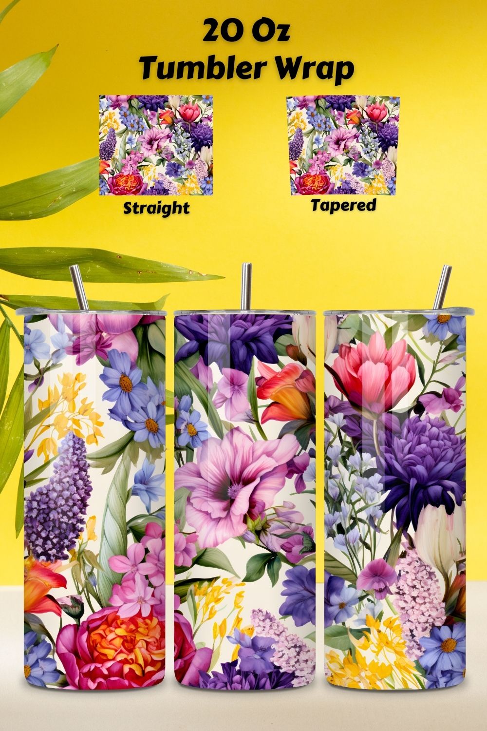Watercolor Flowers 20 oz, Skinny Tumbler Wrap, Sublimation, 20 oz skinny tumbler, boho tumbler, designs downloads, digital download, mama tumbler pinterest preview image.