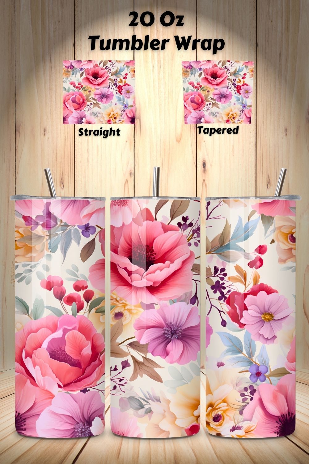 Floral Watercolor Tumbler Wrap, Seamless PNG Wrap, flowers tumbler, skinny design, skinny tumbler, spring floral tumble pinterest preview image.