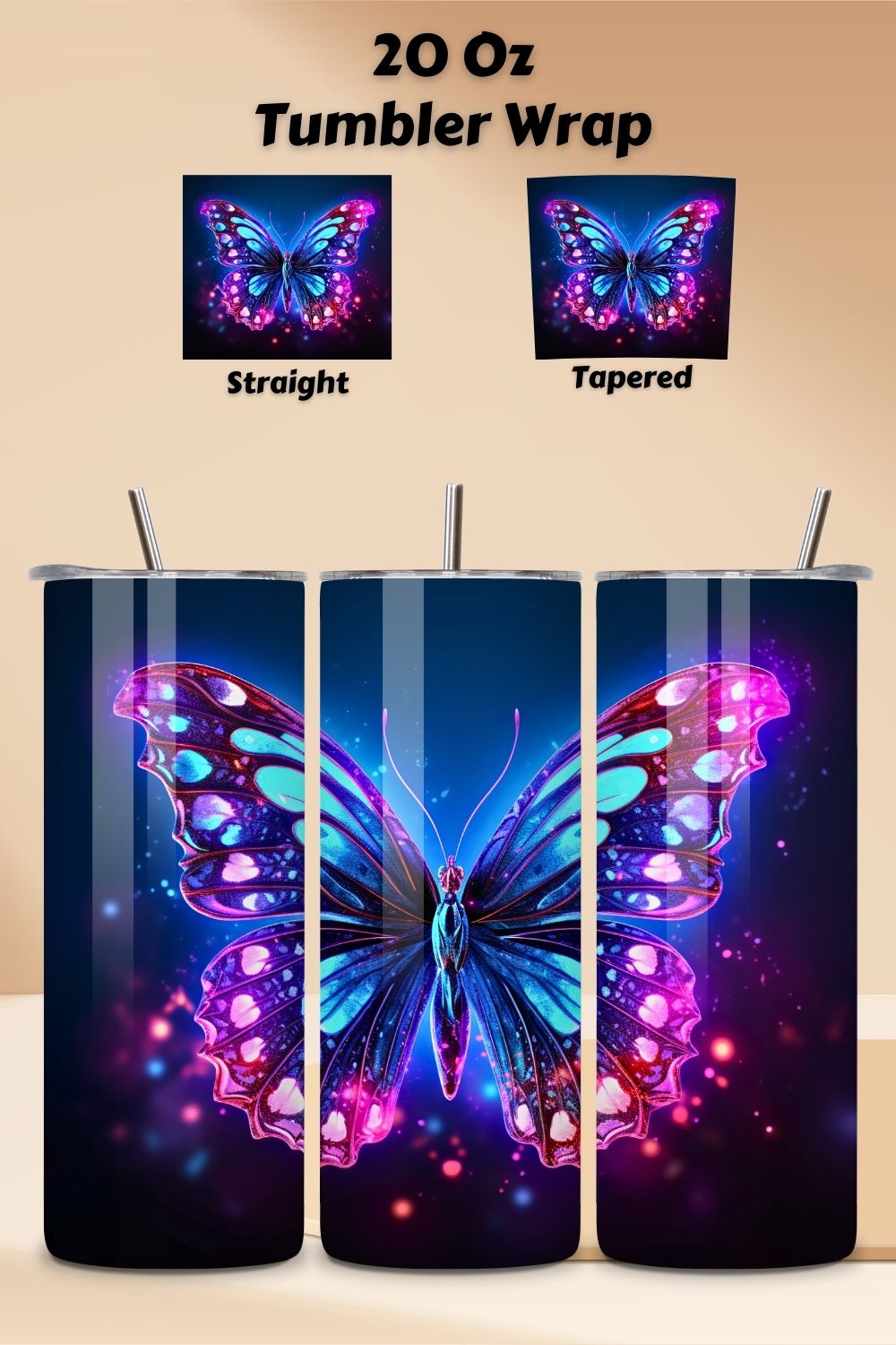Neon butterfly Tumbler Wrap, Sublimation PNG design, 20oz butterfly, 20oz skinny tumbler, alcohol butterfly pinterest preview image.
