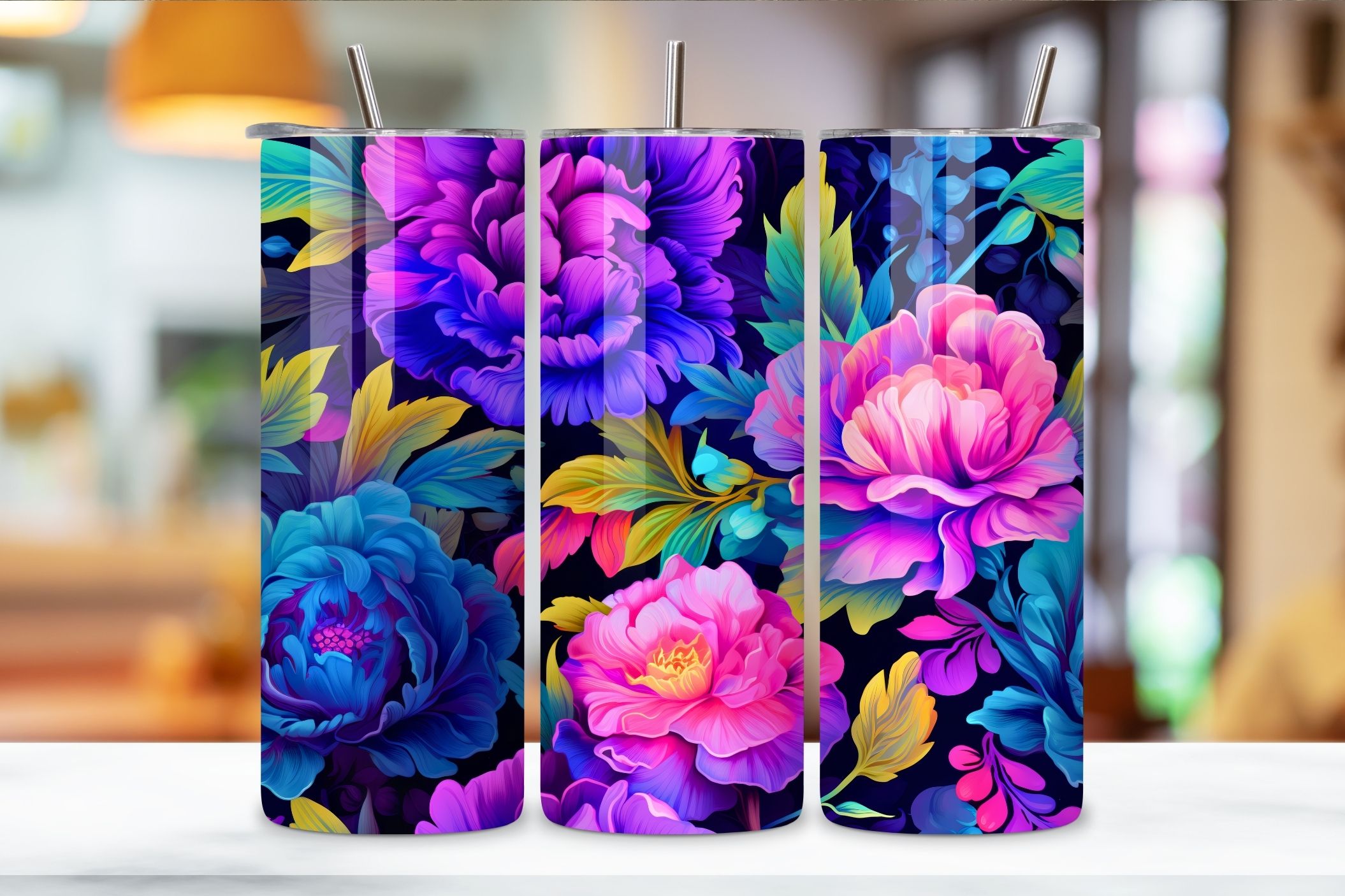 Luminous Garden Tumbler Wrap, Seamless Neon PNG, Floral, 3D Neon Botanical  20 oz Skinny Tumbler Sublimation Designs, Straight And Tapered Tumbler